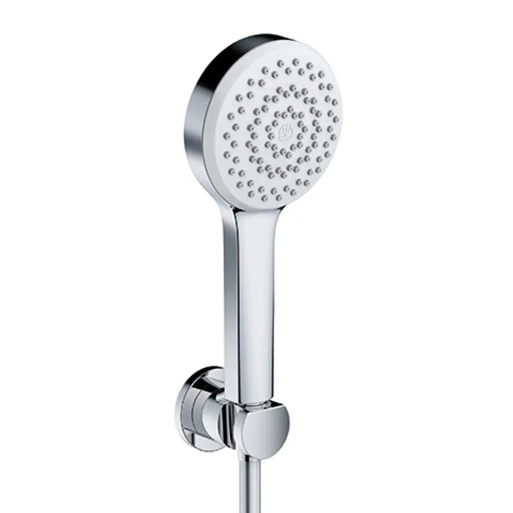 Handbrause von Kludi mit runder, verchromter Kopfseite und mehreren Wasserstrahloptionen, montiert an einer Halterung.
